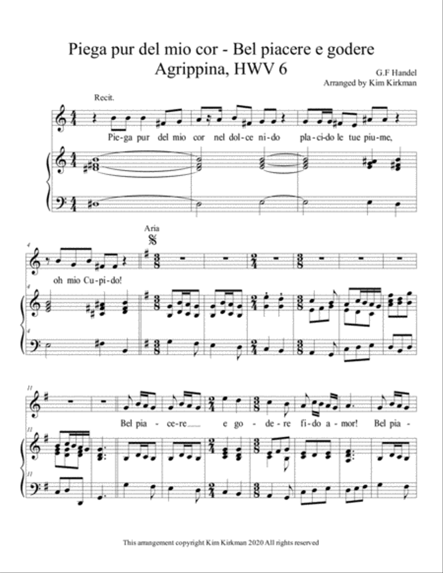 Piega pur del mio cor - Bel piacere e godere from Agrippina (Handel) for soprano with accompaniment Voice scores gallery preview page 1