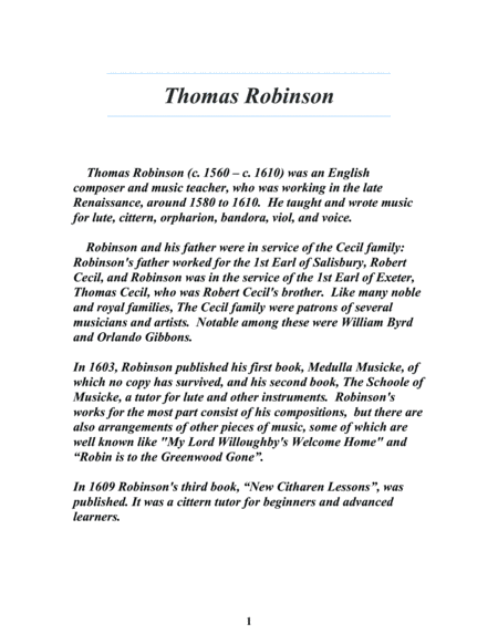 Thomas Robinson Schoole of Musicke Lute Music of the Renaissance Arranged For Baritone Ukulele