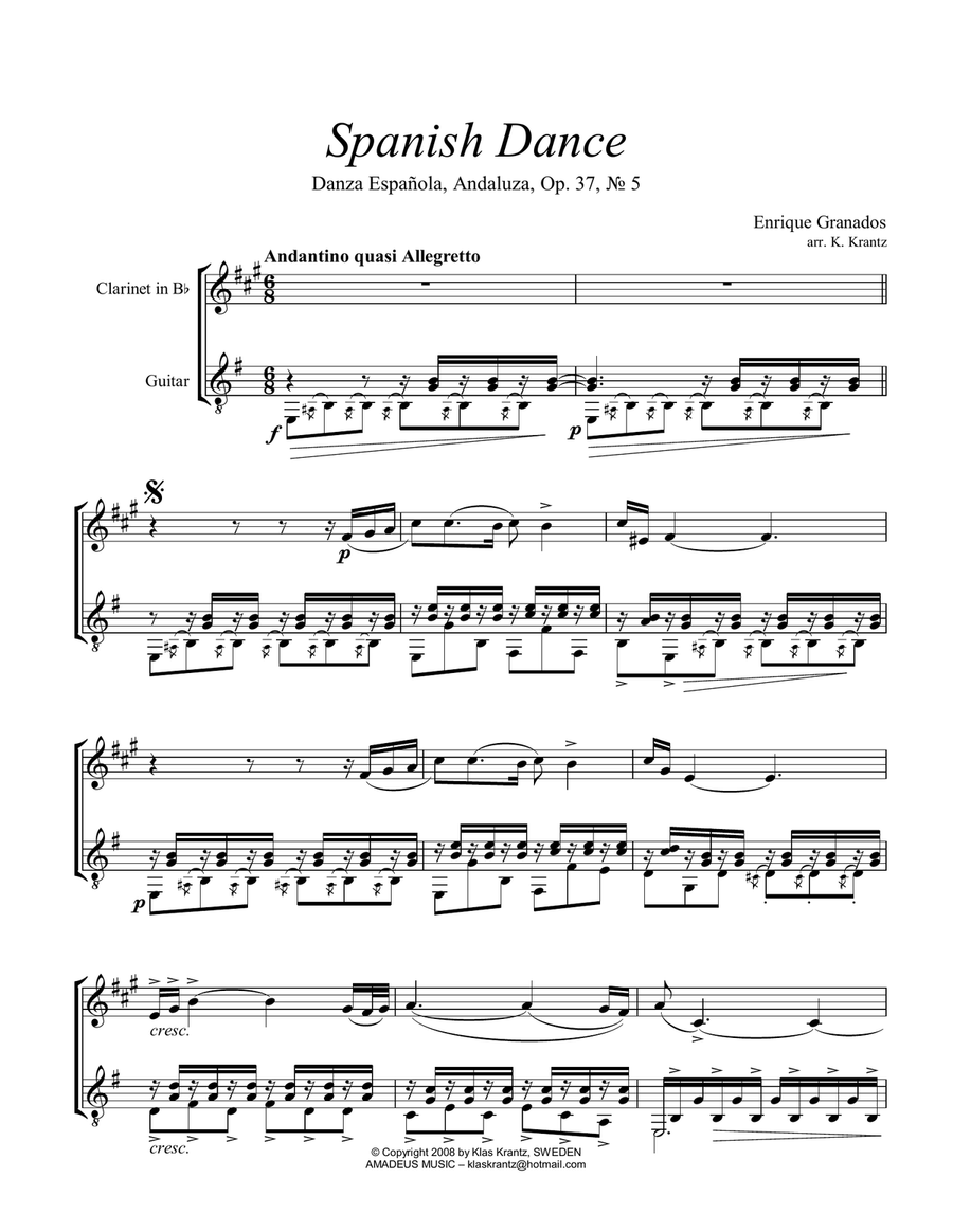 Spanish Dance No. 5, Danza espanola, Andaluza Op. 37 for clarinet in Bb and guitar B-Flat Clarinet scores gallery preview page 2