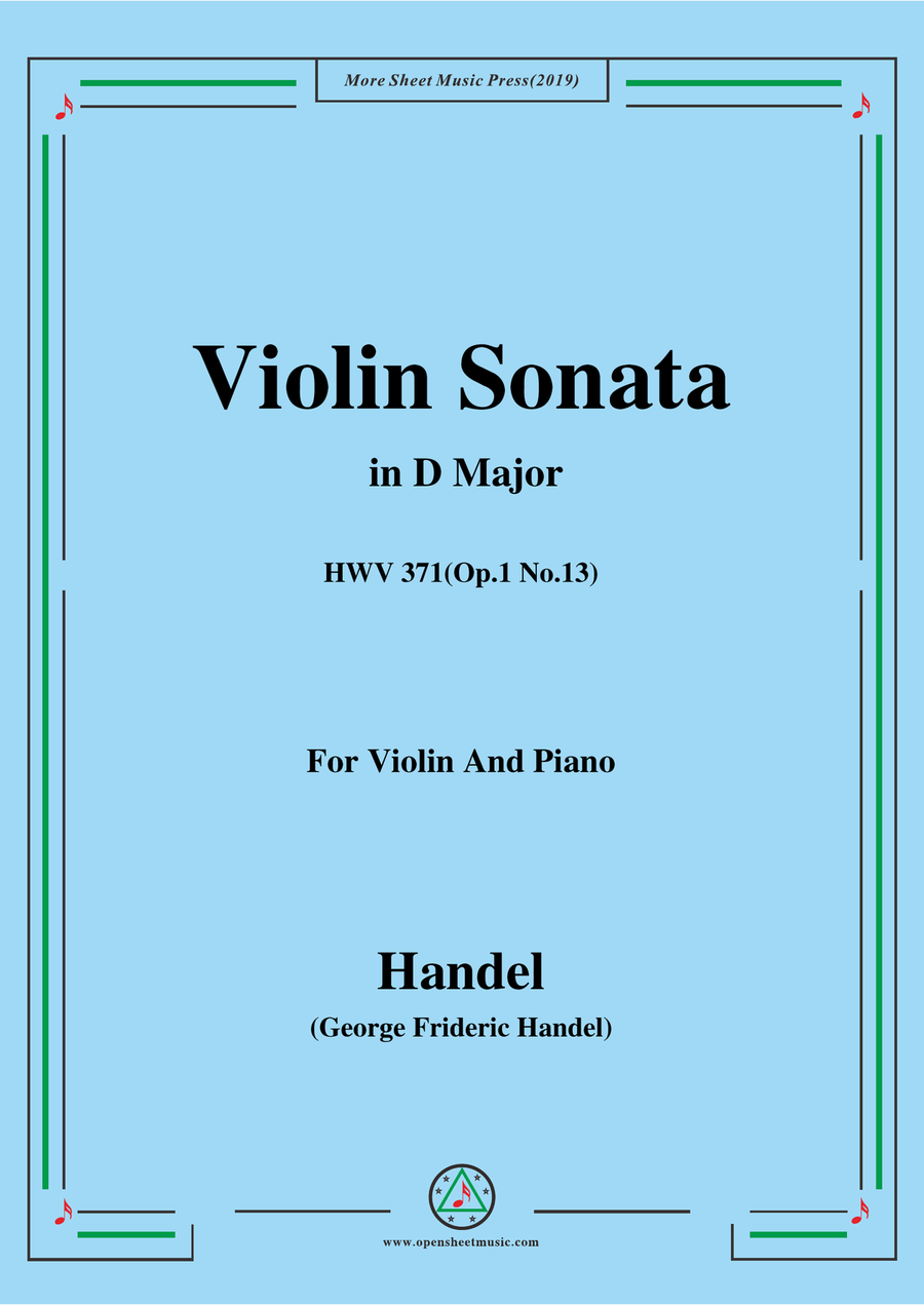 Handel-Violin Sonata,in D Major,HWV 371(Op.1 No.13),for Violin and Piano Violin Solo scores gallery preview page 1