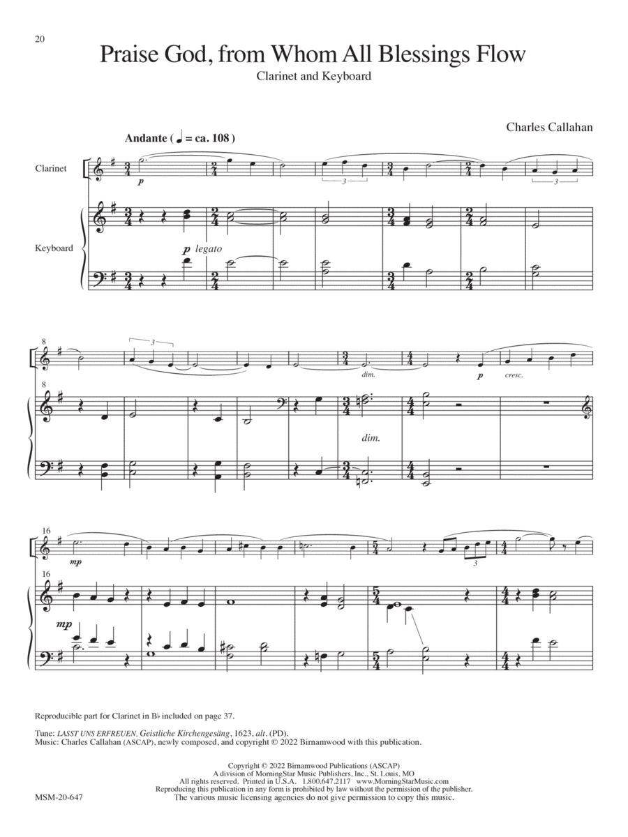 Praise God, from Whom All Blessings Flow Clarinet scores gallery preview page 1