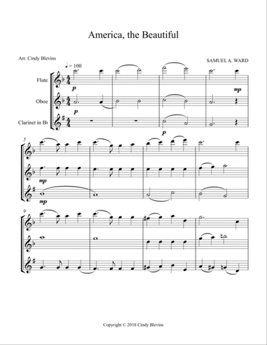 America, the Beautiful, for Flute, Oboe and Clarinet Woodwind Trio scores gallery preview page 2