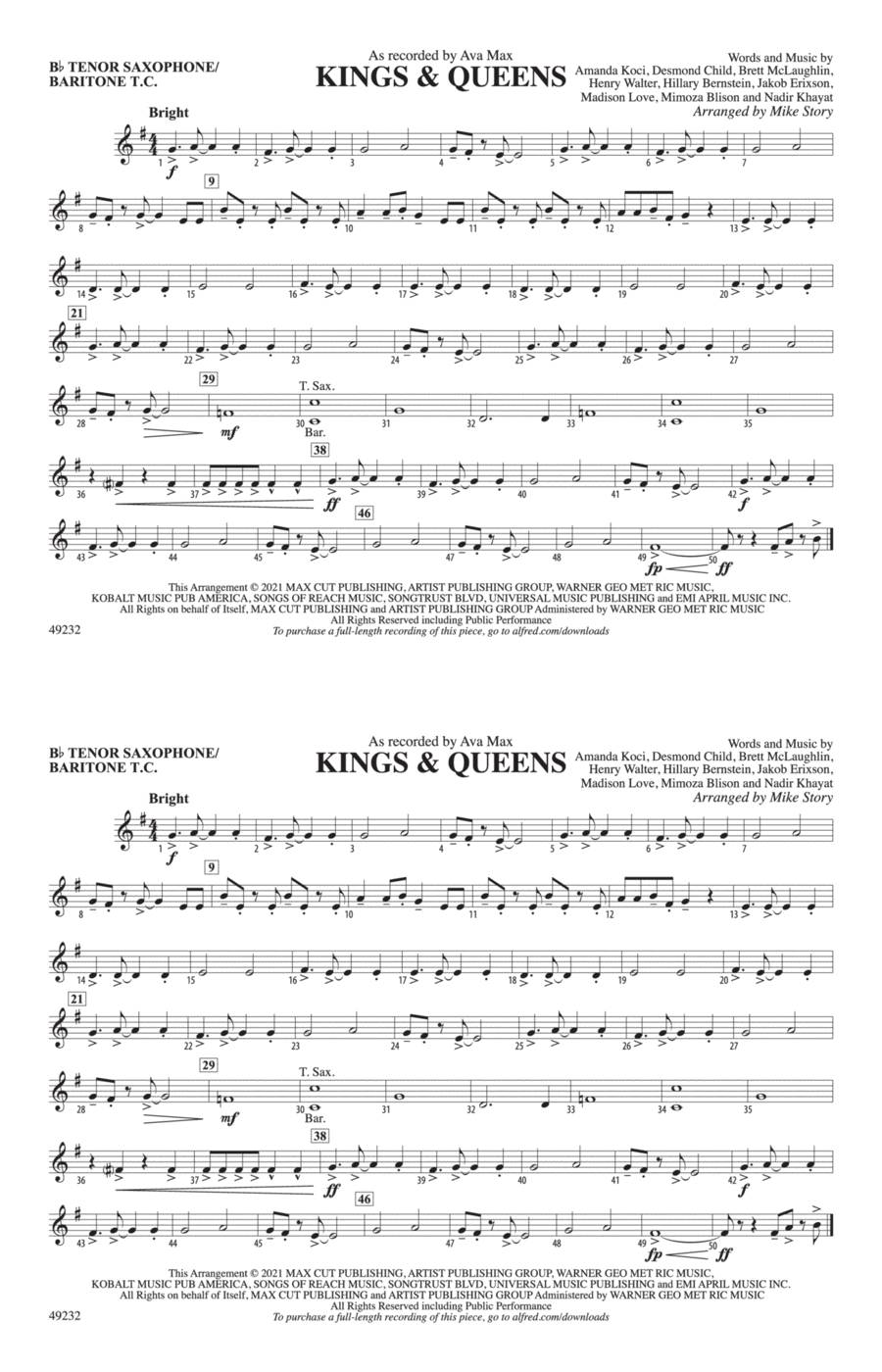 Kings & Queens: Bb Tenor Saxophone/Bartione Treble Clef Marching Band scores gallery preview page 1
