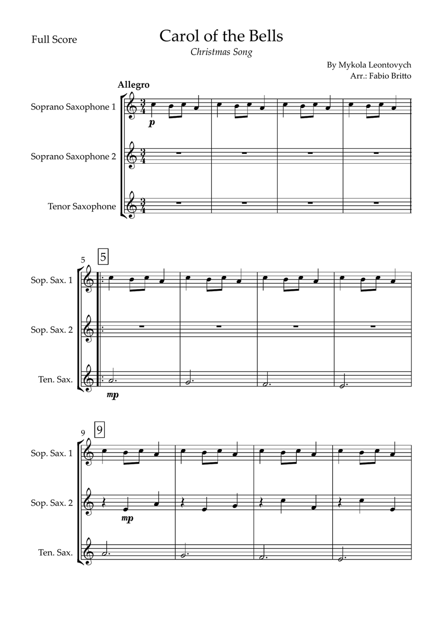 Carol of the Bells (Christmas Song) for Saxophone Trio Woodwind Quartet scores gallery preview page 1