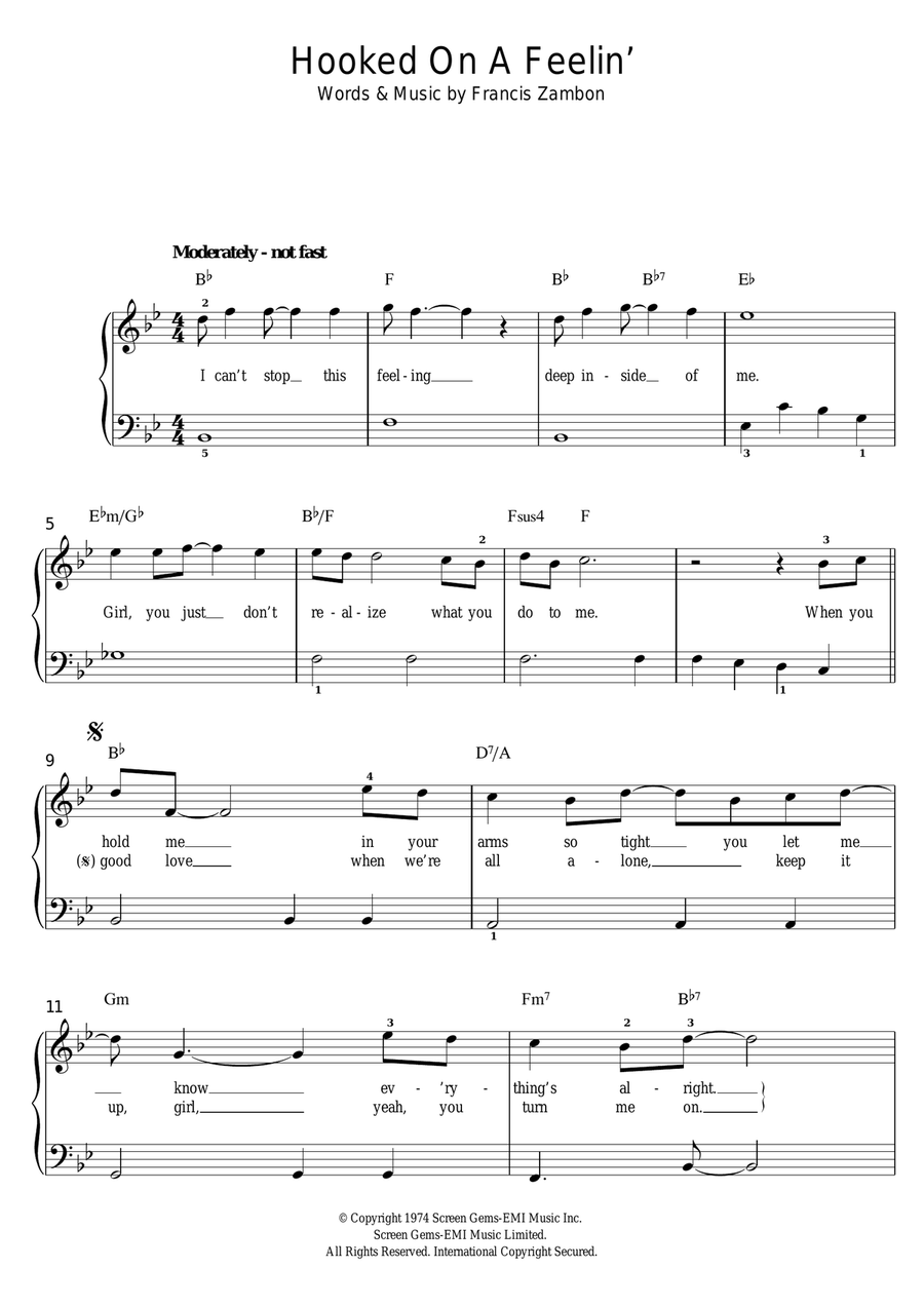 Hooked On A Feeling Easy Piano scores gallery preview page 1