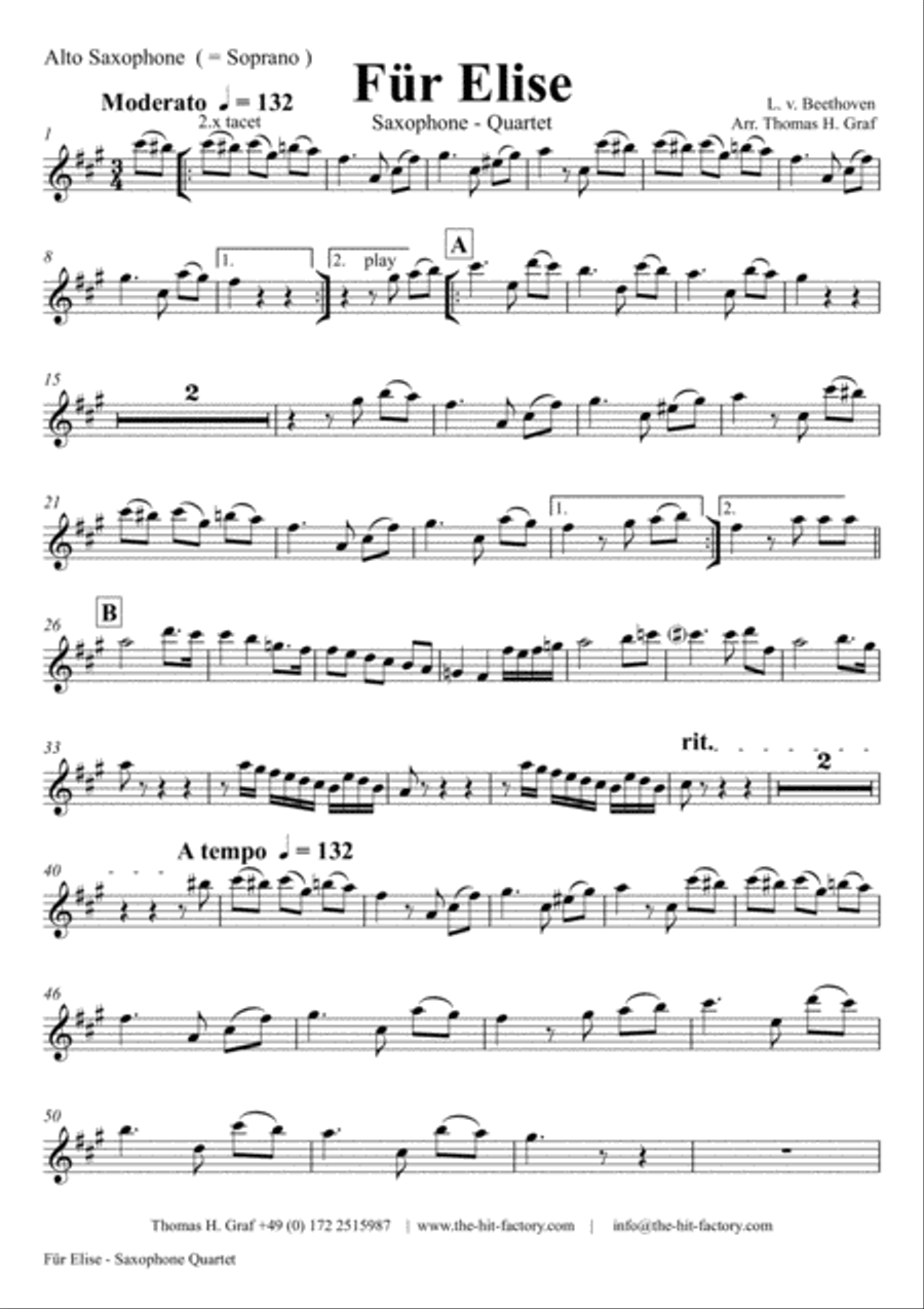 For Elise - Ludwig van Beethoven - Saxophone Quartet Saxophone Quartet scores gallery preview page 4