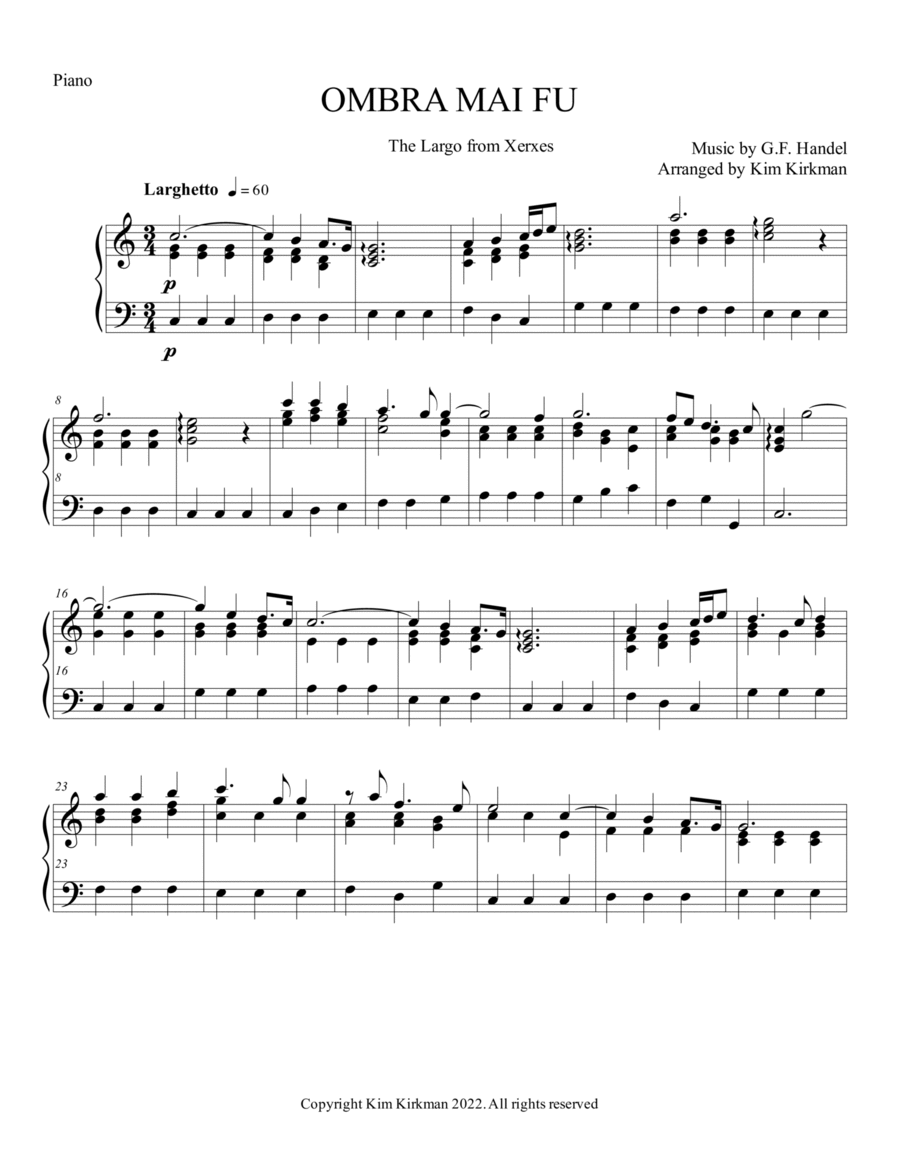 Ombra mai fu (Largo) by Handel for solo piano in C. No black notes required! Piano Solo scores gallery preview page 1