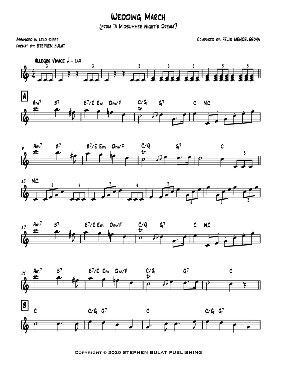 Wedding March (Mendelssohn) from A Midsummer Night's Dream - lead sheet in original key of C