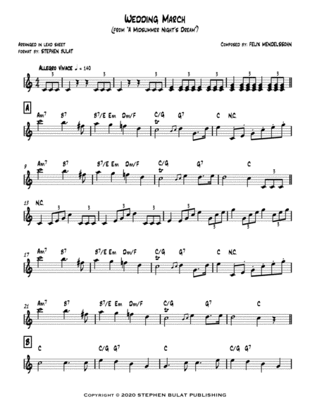 Wedding March (Mendelssohn) from A Midsummer Night's Dream - lead sheet in original key of C