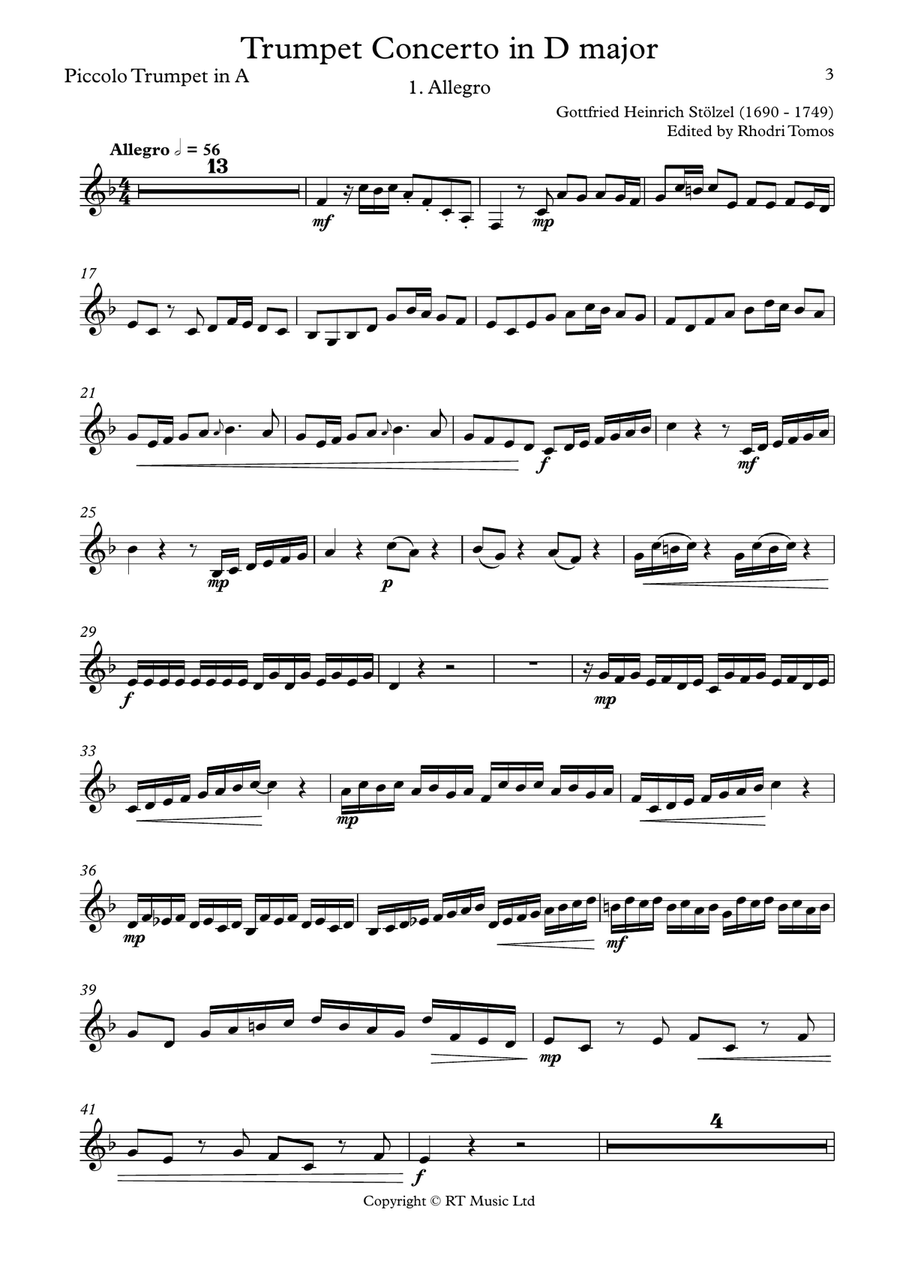 Stolzel Concerto in D major (HauH 5.3). Trumpet solo parts. C Trumpet scores gallery preview page 3