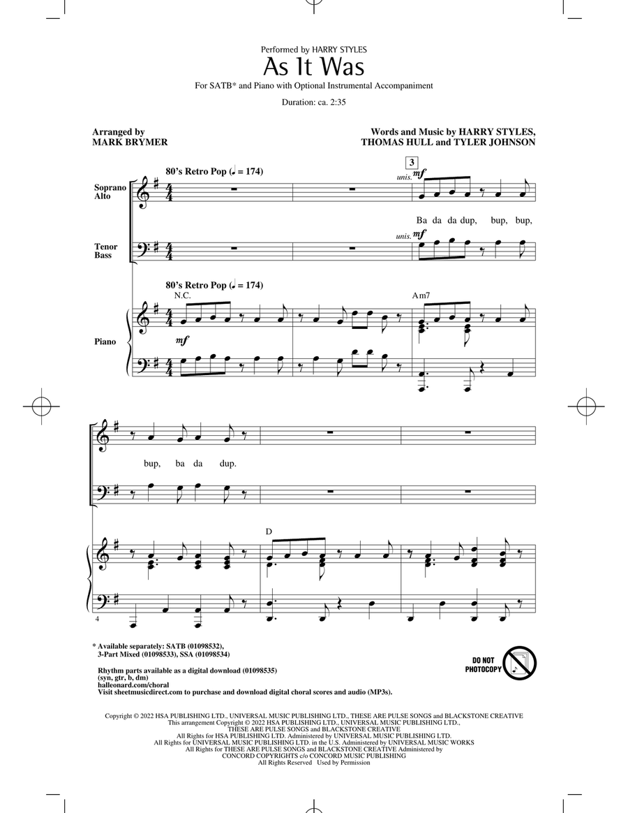 As It Was (arr. Mark Brymer) 4-Part scores gallery preview page 1