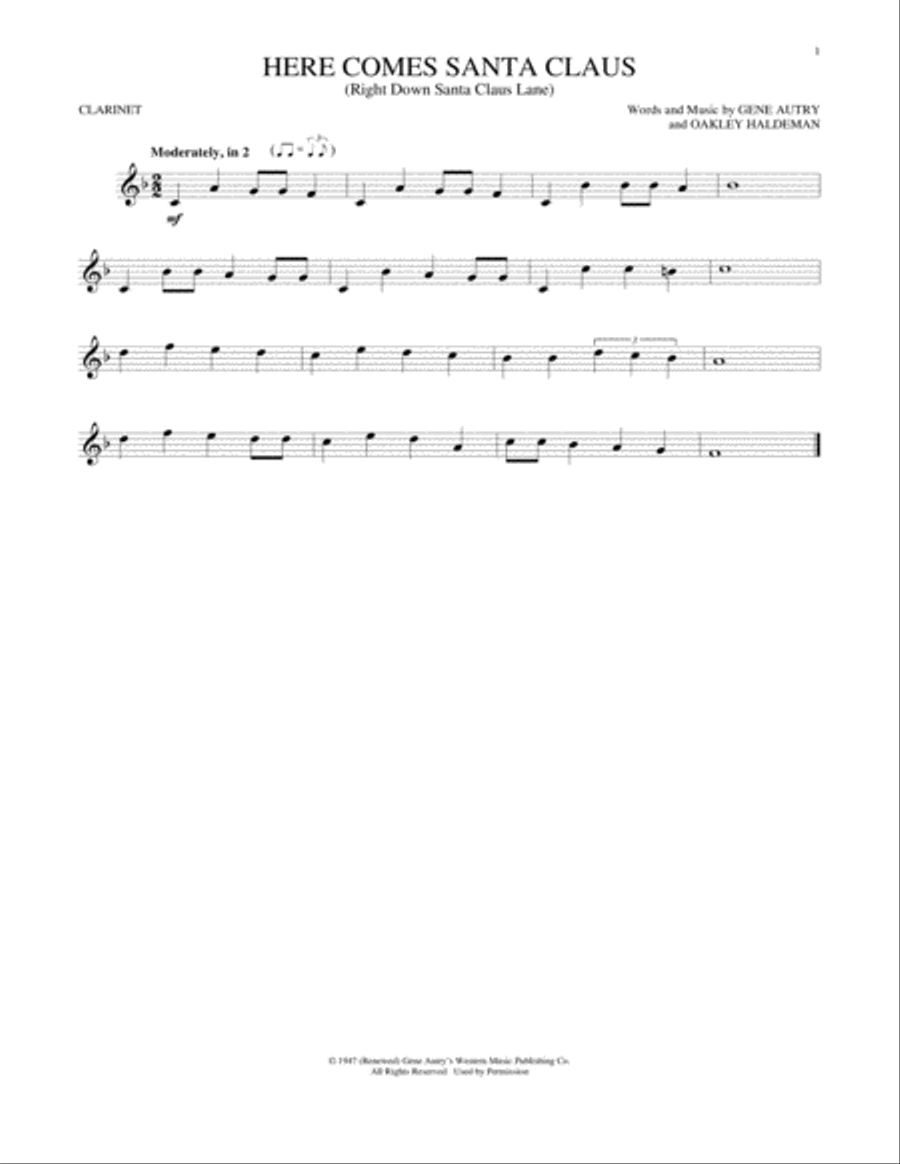 Here Comes Santa Claus (Right Down Santa Claus Lane) Clarinet Solo scores gallery preview page 1