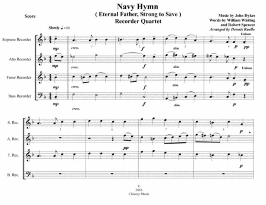 Navy Hymn (Eternal Father, Strong to Save) - Recorder Quartet (SATB) - Intermediate 4-Part scores gallery preview page 1
