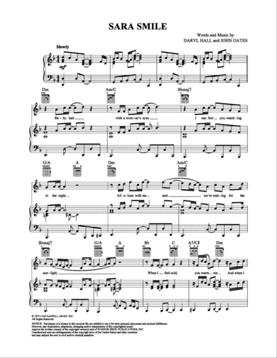 Sara Smile Sara Smile Piano, Vocal, Guitar scores gallery preview page 1