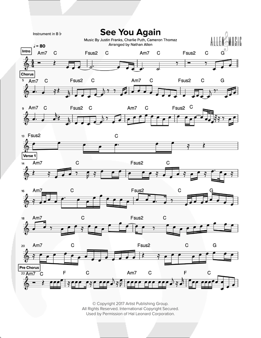 See You Again from FURIOUS 7 Small Ensemble scores gallery preview page 1