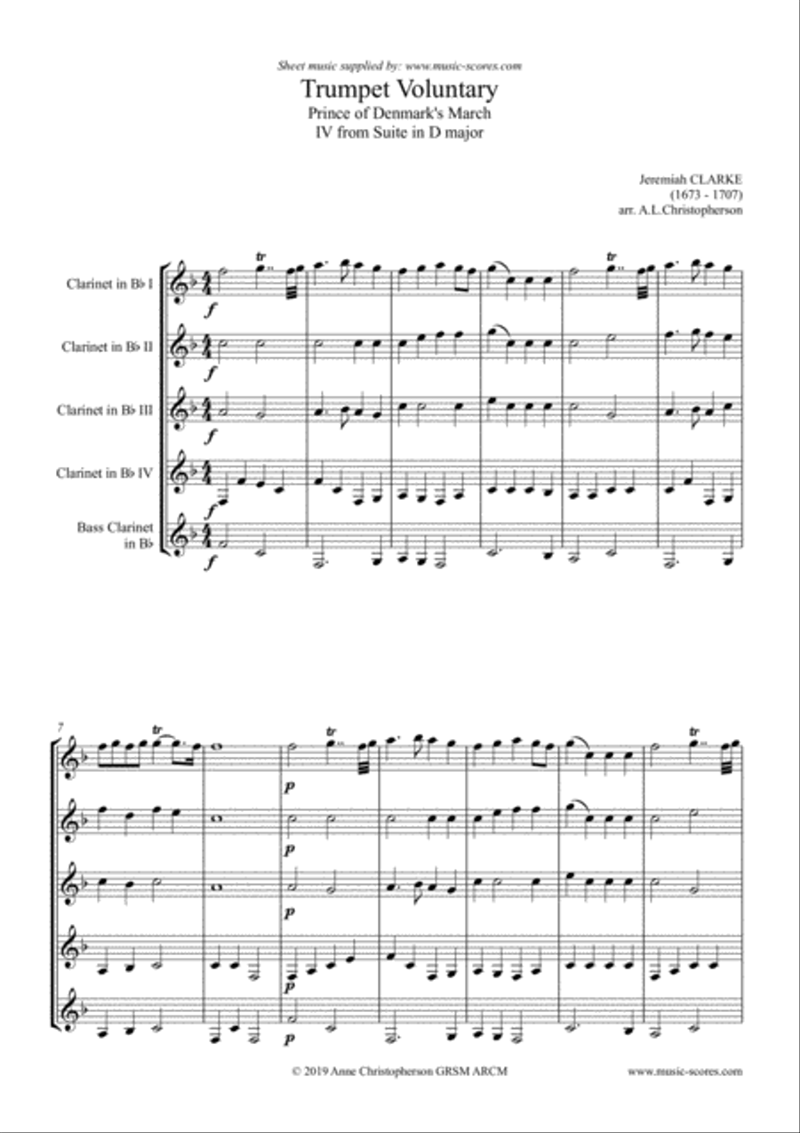 Clarke: Trumpet Voluntary, or Prince of Denmark's March: Clarinet Quintet Clarinet Quintet scores gallery preview page 1