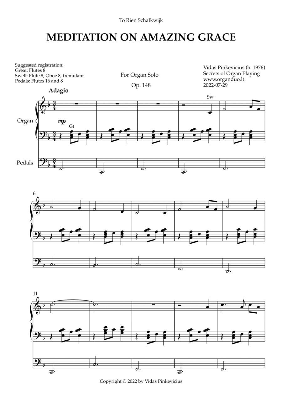Book cover for Meditation on Amazing Grace, Op. 148 (Organ Solo) by Vidas Pinkevicius (2022)