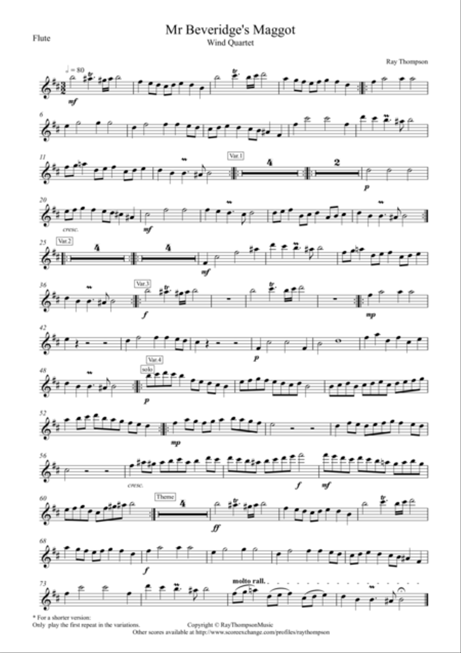 Mr Beveridge's Maggot (Theme and Variations) - wind quartet Woodwind Quartet scores gallery preview page 4