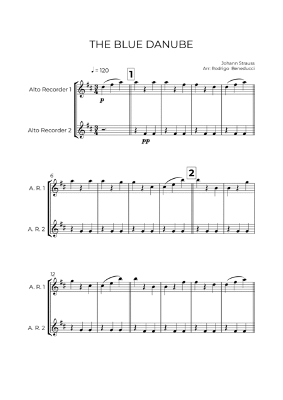 THE BLUE DANUBE - JOHANN STRAUSS – ALTO RECORDER DUO Woodwind Duet scores gallery preview page 2