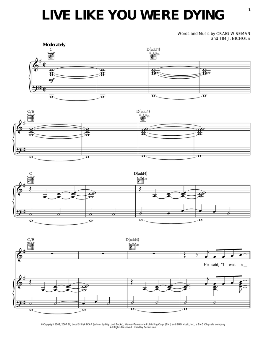 Live Like You Were Dying Live Like You Were Dying Piano, Vocal, Guitar scores gallery preview page 1