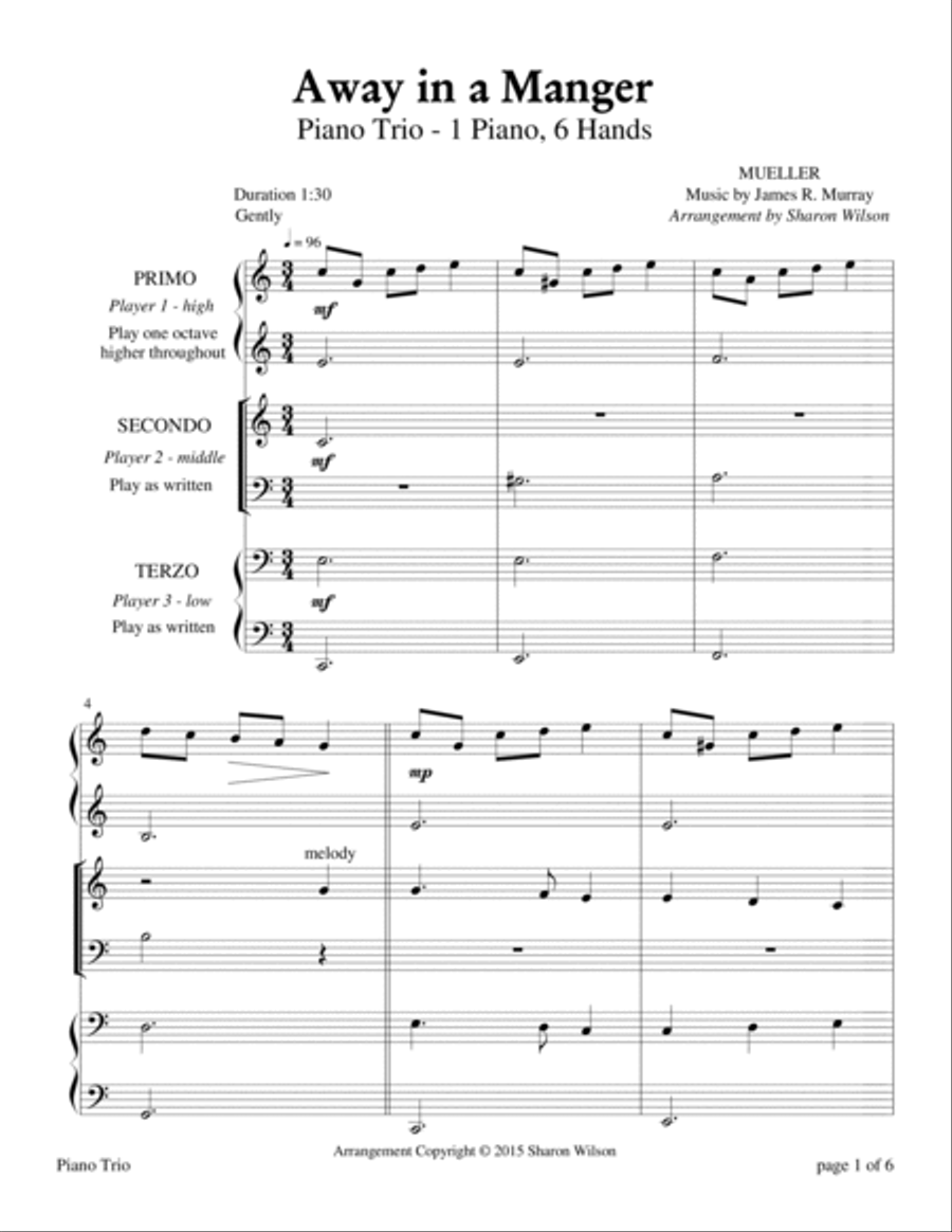 Away in a Manger (Easy-Intermediate Piano Trio; 1 Piano, 6 Hands) Piano Duet scores gallery preview page 4