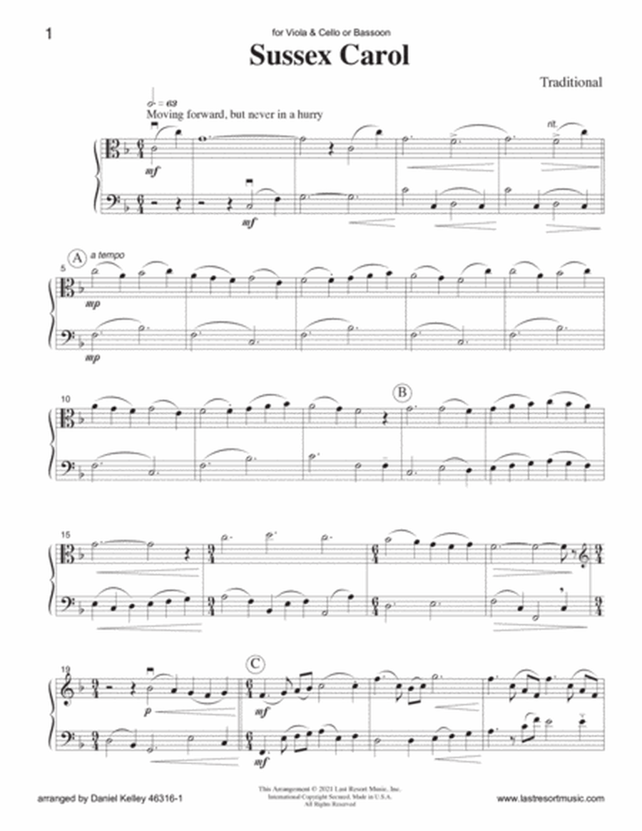 Sussex Carol for Viola & Cello or Bassoon Duet - Music for Two