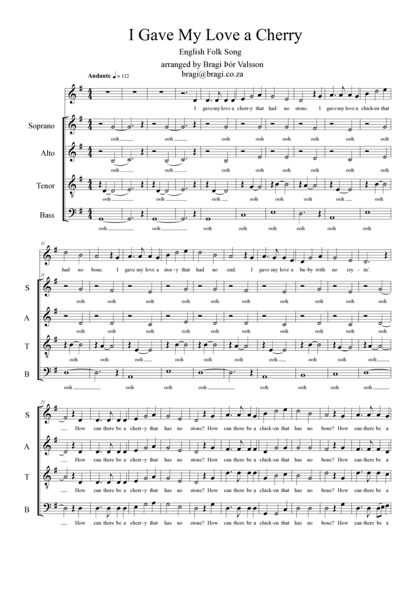 I Gave My Love a Cherry - SATB+solo a capella image number null