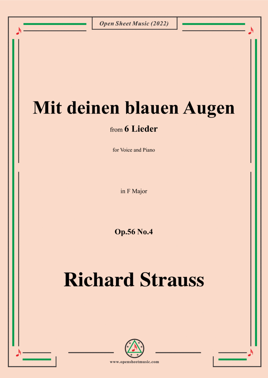 Richard Strauss-Mit deinen blauen Augen,in F Major,Op.56 No.4,for Voice and Piano Voice Solo scores gallery preview page 1