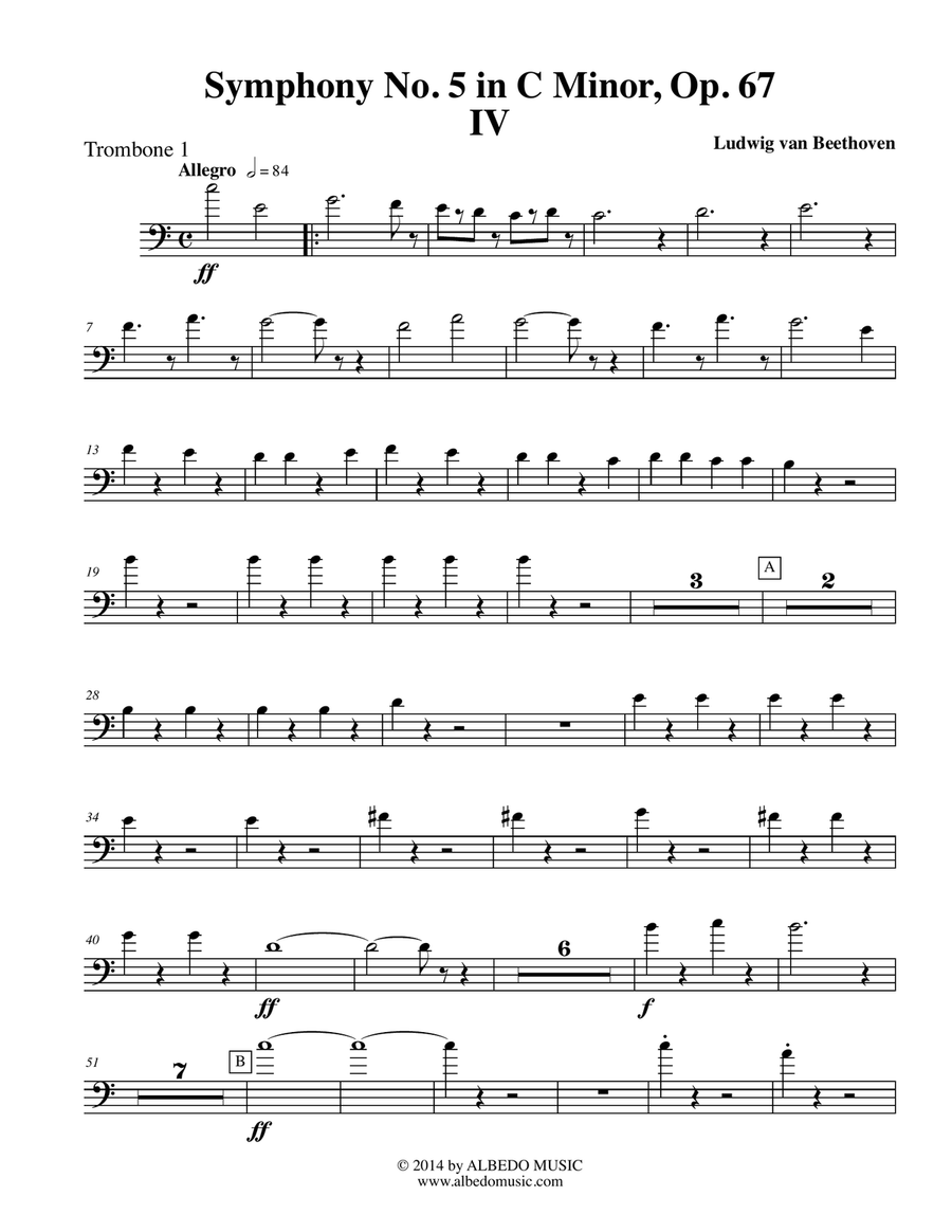 Beethoven Symphony No. 5, Movement IV - Trombone in Bass Clef 1 (Transposed Part), Op. 67