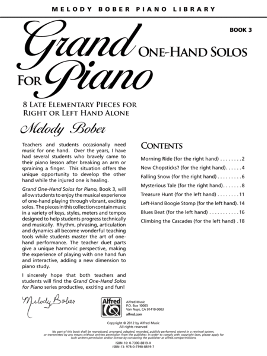 Grand One-Hand Solos for Piano, Book 3: 8 Late Elementary Pieces for Right or Left Hand Alone Piano Method scores gallery preview page 1