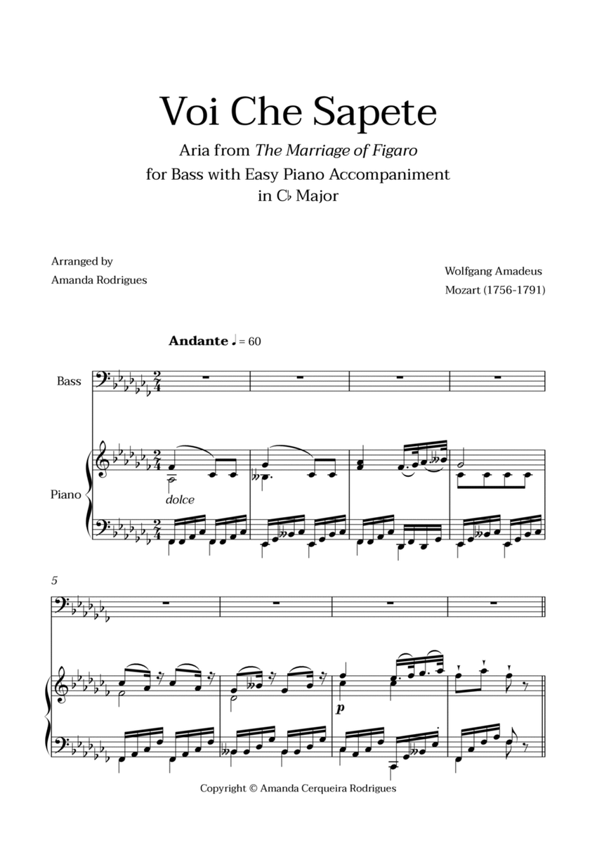 Voi Che Sapete from "The Marriage of Figaro" - Easy Bass and Piano Aria Duet in Cb Major image number null