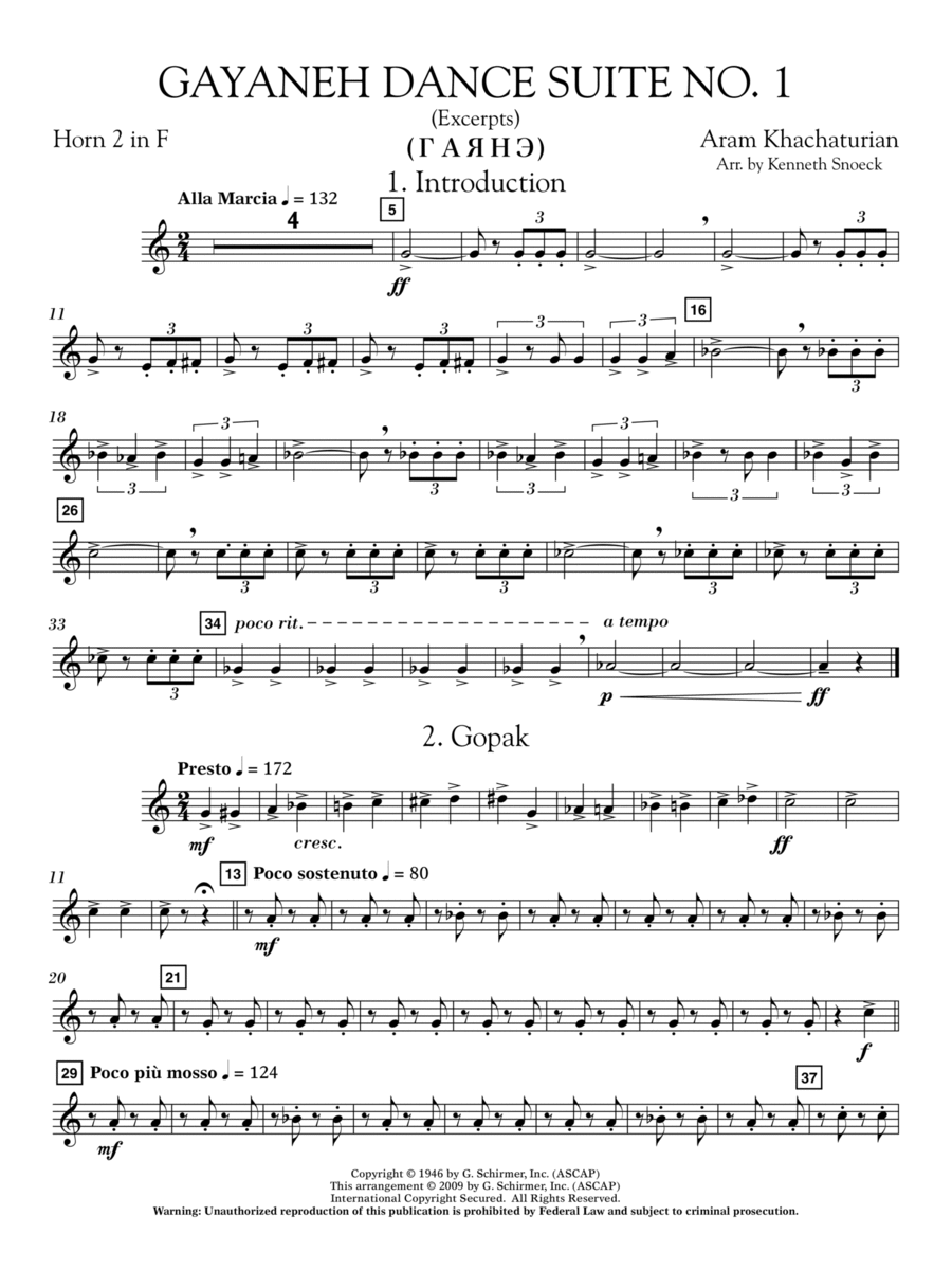 Gayenah Dance Suite No. 1 (Excerpts) (arr. Kenneth Snoeck) - Horn 2 in F Concert Band scores gallery preview page 1