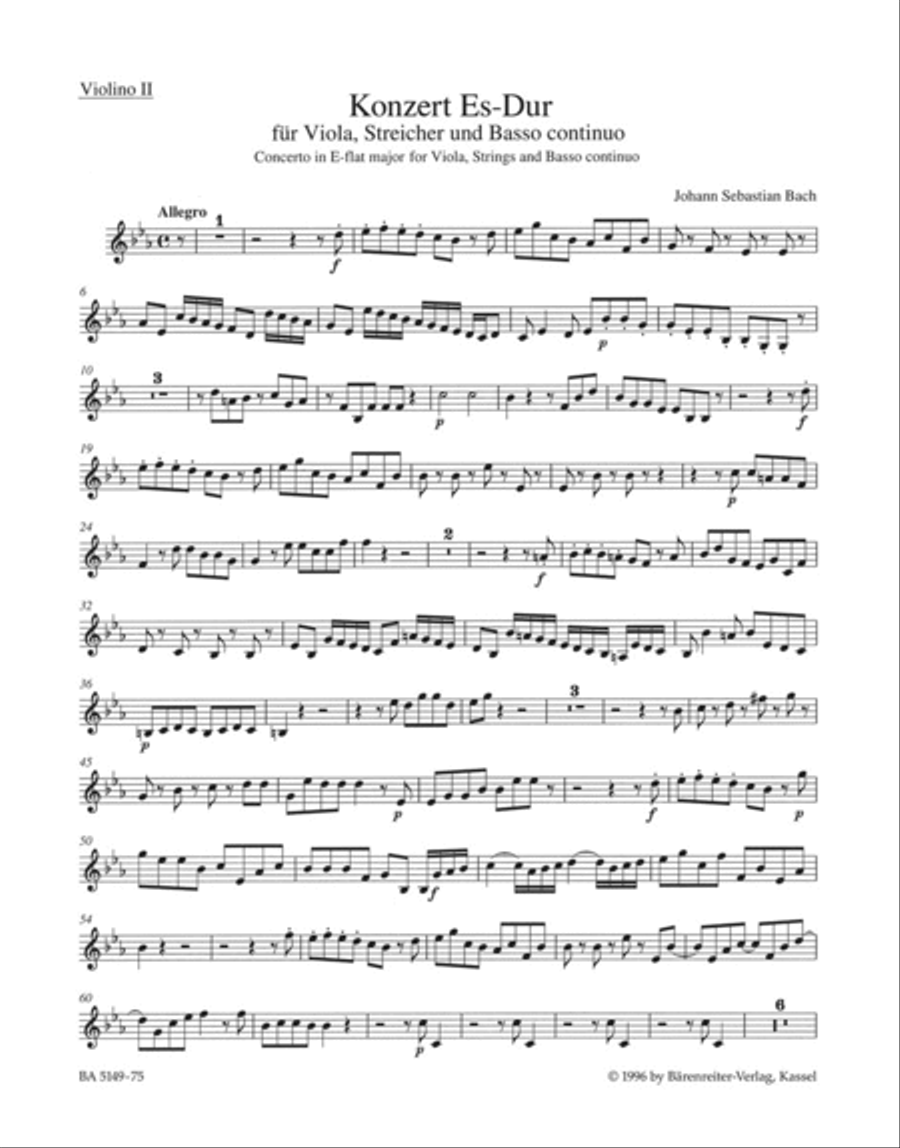 Concerto for Viola, Strings and Basso continuo E flat major by Johann Sebastian Bach Violin - Sheet Music