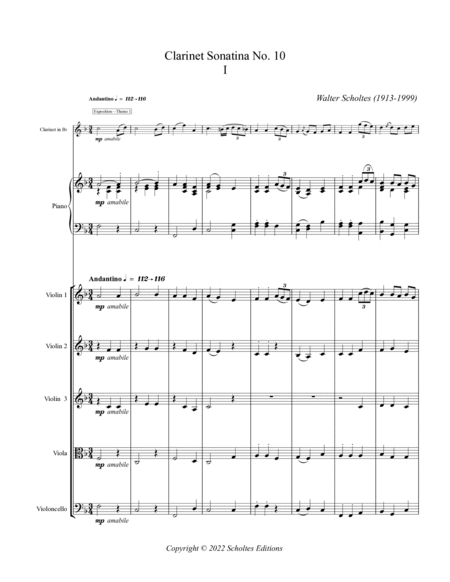 Clarinet Sonatina No. 10 in F Major with Piano Accompaniment and/or String Quintet