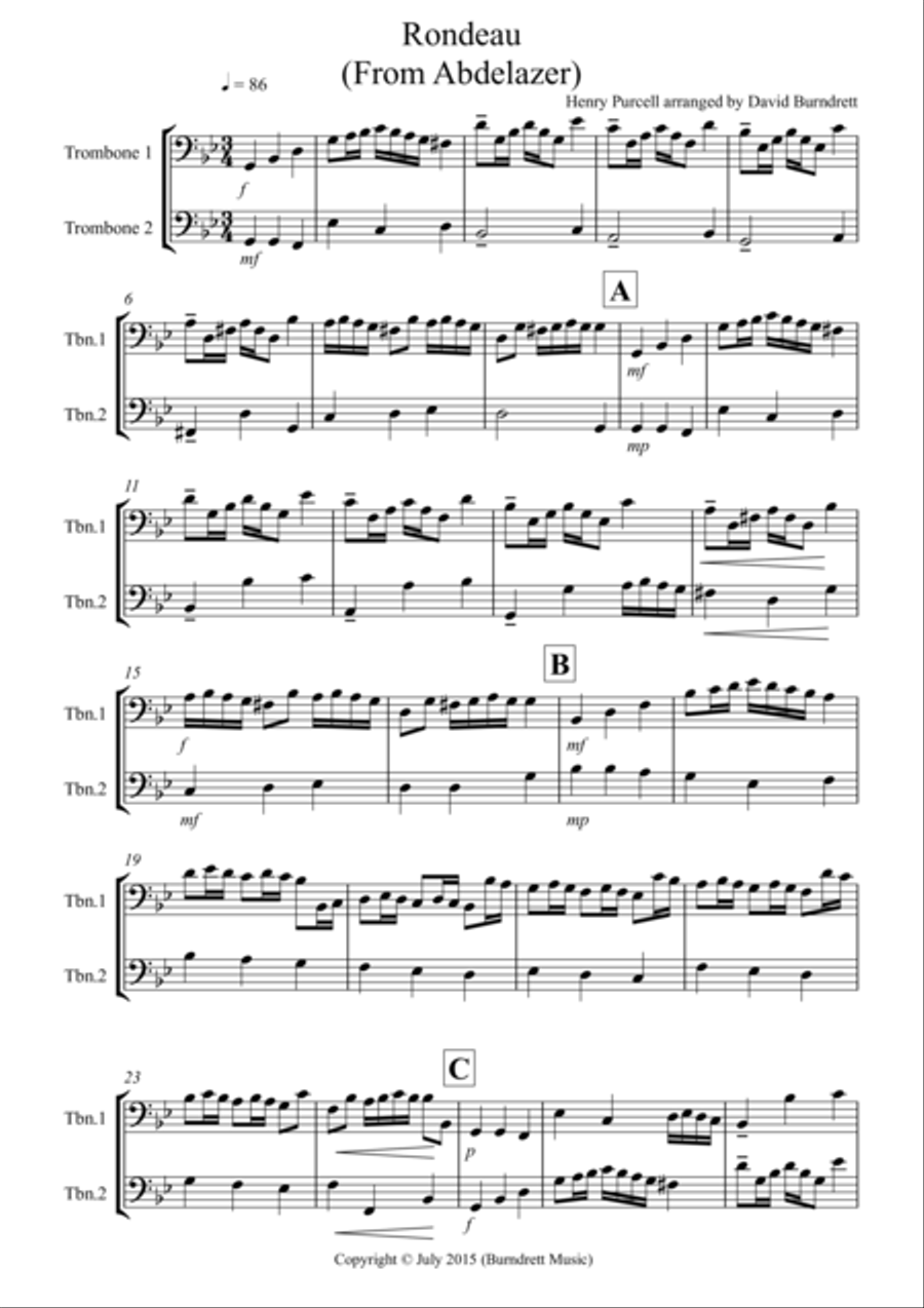 Rondeau (from Abdelazer) for Trombone Duet Trombone Duet scores gallery preview page 1