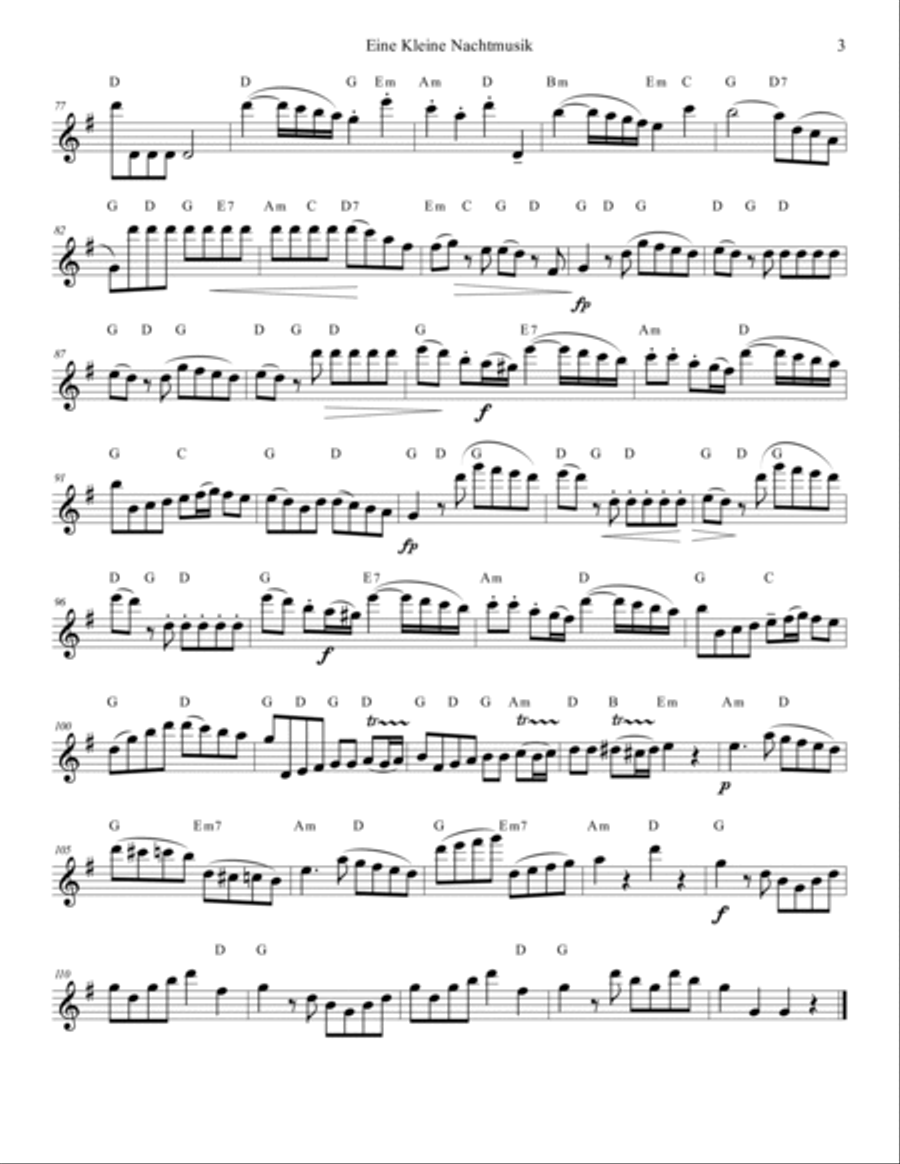 Mozart 1787 KV 525 Eine Kleine Nachtmusik Fakecharts Chords Flute Clarinet or Bassoon Solo Woodwind Quartet scores gallery preview page 3