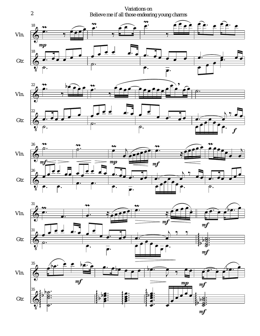 Variations on Believe me if all those endearing young charms for violin and guitar String Duet scores gallery preview page 2