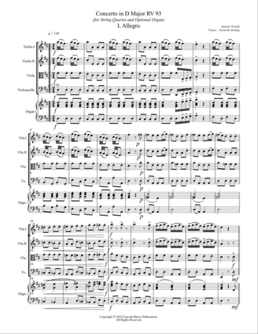 Vivaldi - Concerto in D Major RV 93 (for String Quartet and Optional Organ) String Quartet scores gallery preview page 2