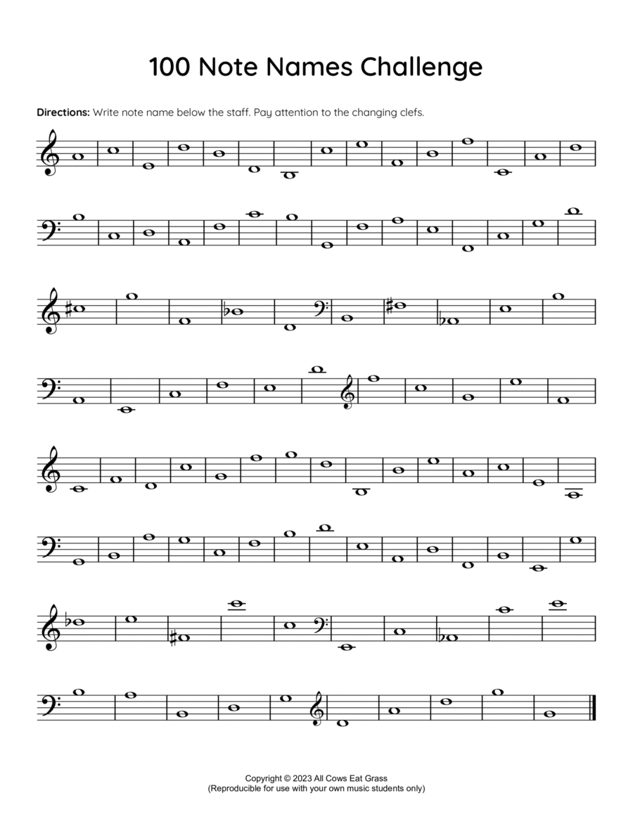 100 Note Names Challenge (Reproducible Music Theory Worksheet) Reproducible Packs scores gallery preview page 1