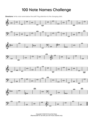 100 Note Names Challenge (Reproducible Music Theory Worksheet)