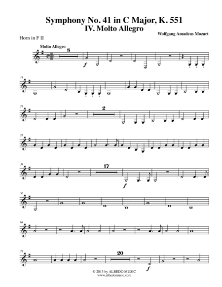 Mozart Symphony No. 41, Jupiter, Movement IV - Horn in F 2 (Transposed Part), K. 551