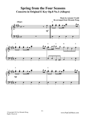Spring from Four Seasons by Vivaldi - Original E Key for Piano Solo