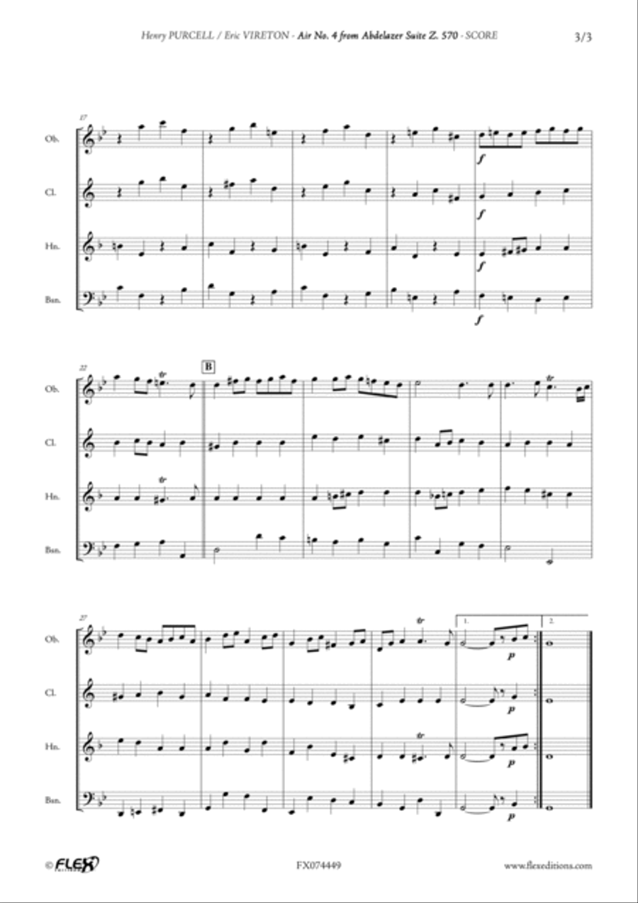 Air No. 4 from Abdelazer Suite Z. 570 Woodwind Quartet scores gallery preview page 3