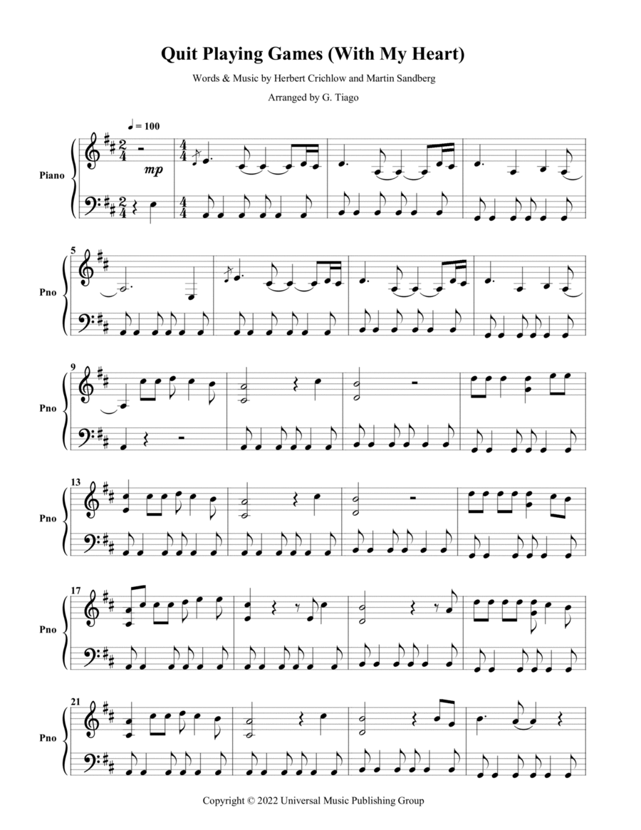 Quit Playing Games (with My Heart) Piano Solo scores gallery preview page 1