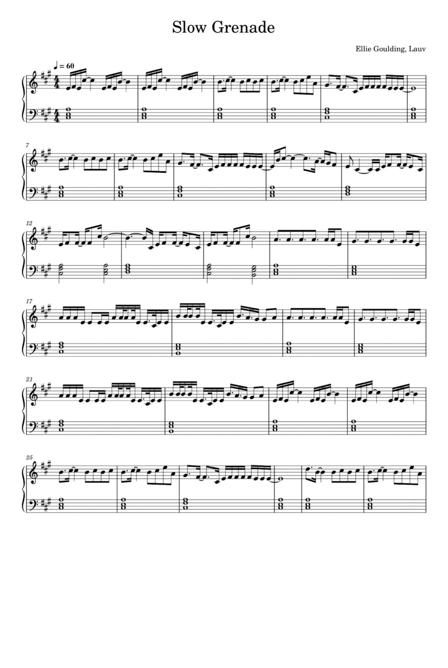 Slow Grenade Piano Solo scores gallery preview page 1