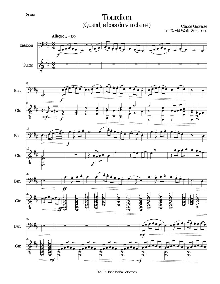 Tourdion (Quand je bois du vin clairet) for bassoon and guitar