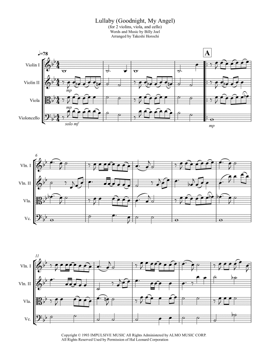 Lullabye (Goodnight, My Angel) String Quartet scores gallery preview page 1