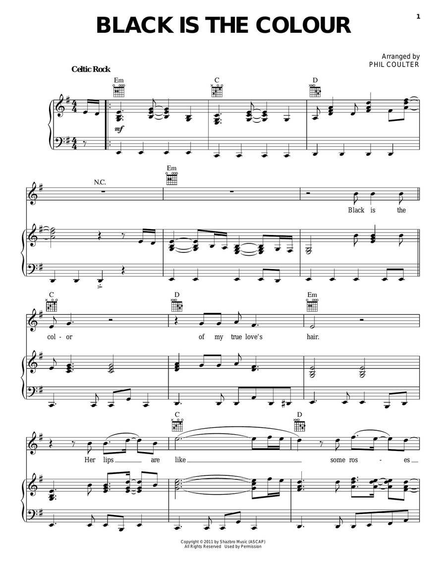 Black Is The Colour Black Is The Colour Piano, Vocal, Guitar scores gallery preview page 1