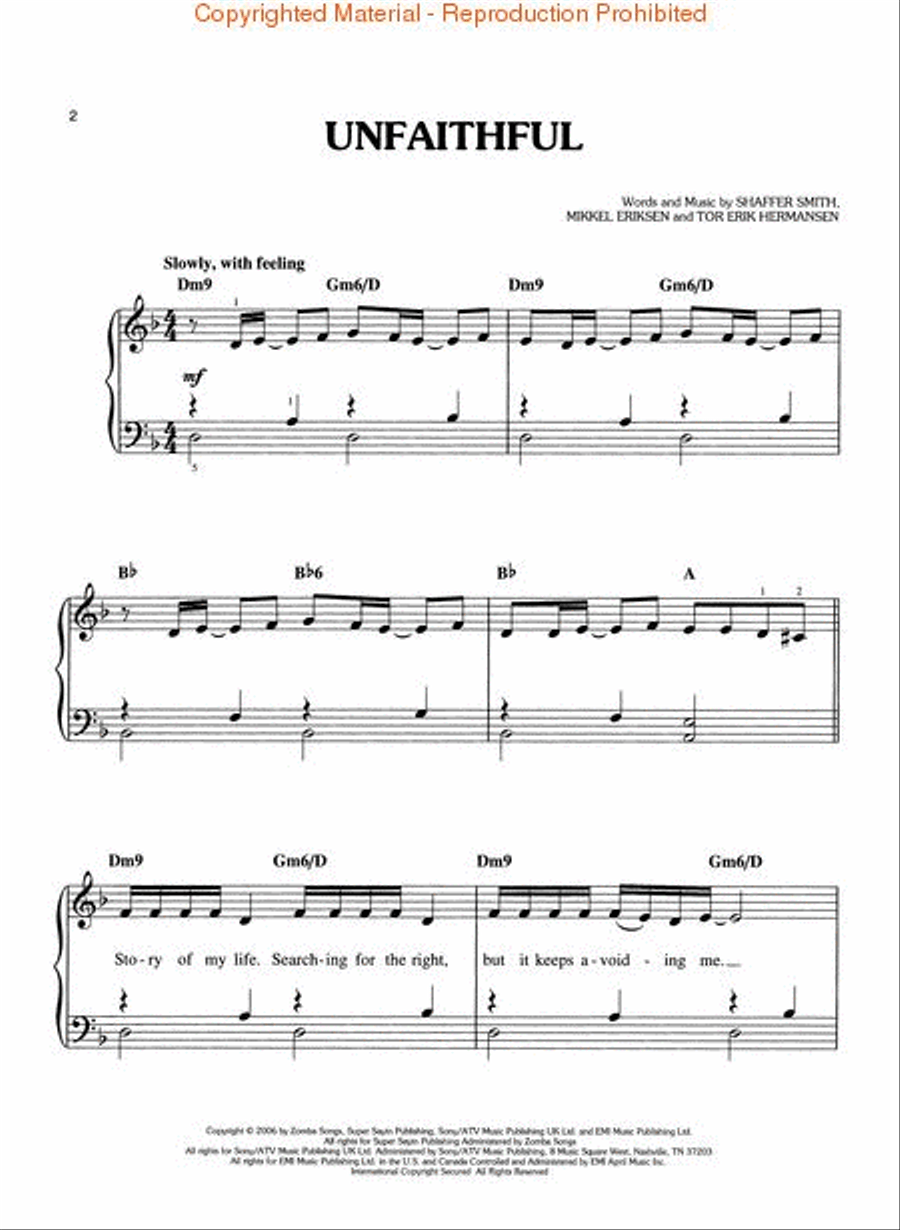 Unfaithful Easy Piano scores gallery preview page 2
