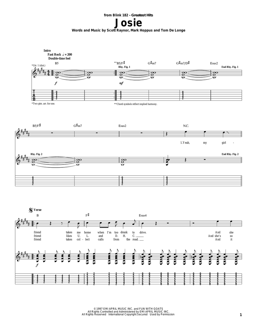 Josie Guitar Tablature scores gallery preview page 1